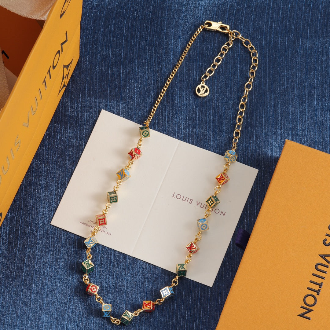 Multi colored necklace with square blocks in gold adjustable long necklace jewelry
