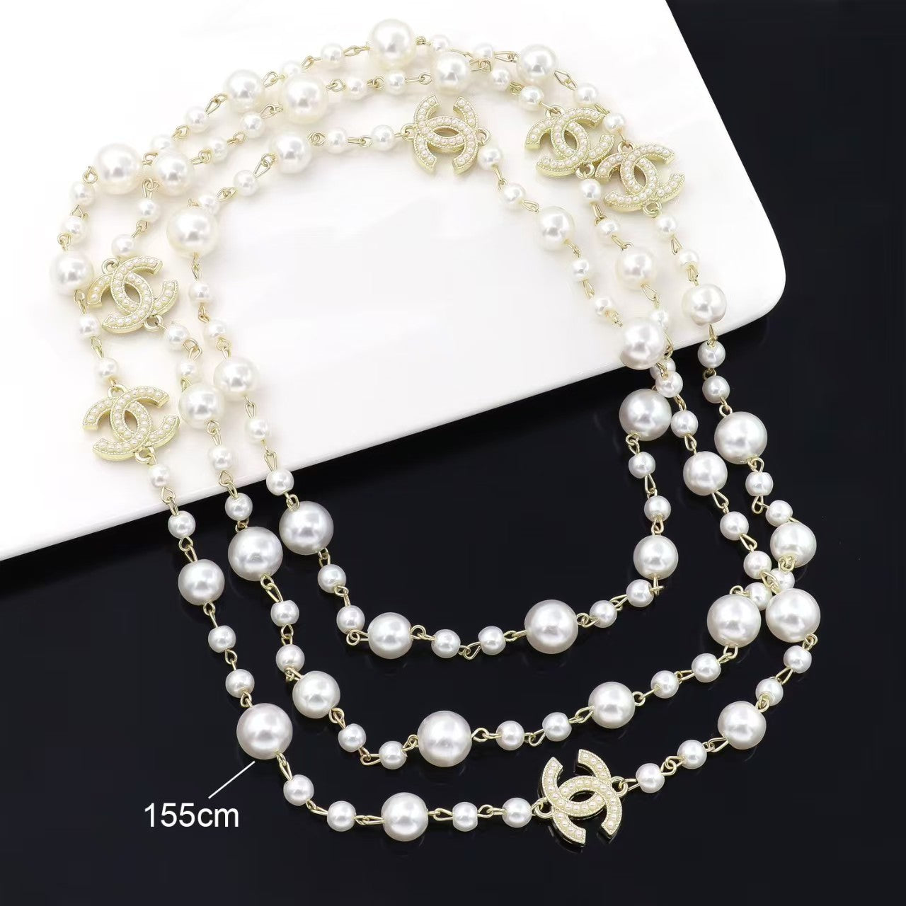 Pearls necklace multi layered design in gold / silver stacked style long necklace jewelry
