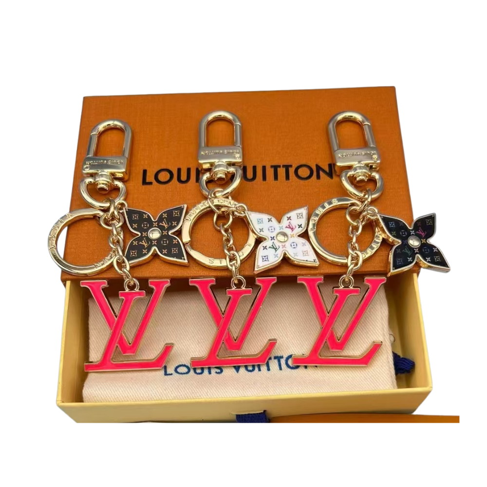 L&V with red letter white / black / brown Monogram color keychains, bag charm, car key, house kay, earphone case decoration with stamp