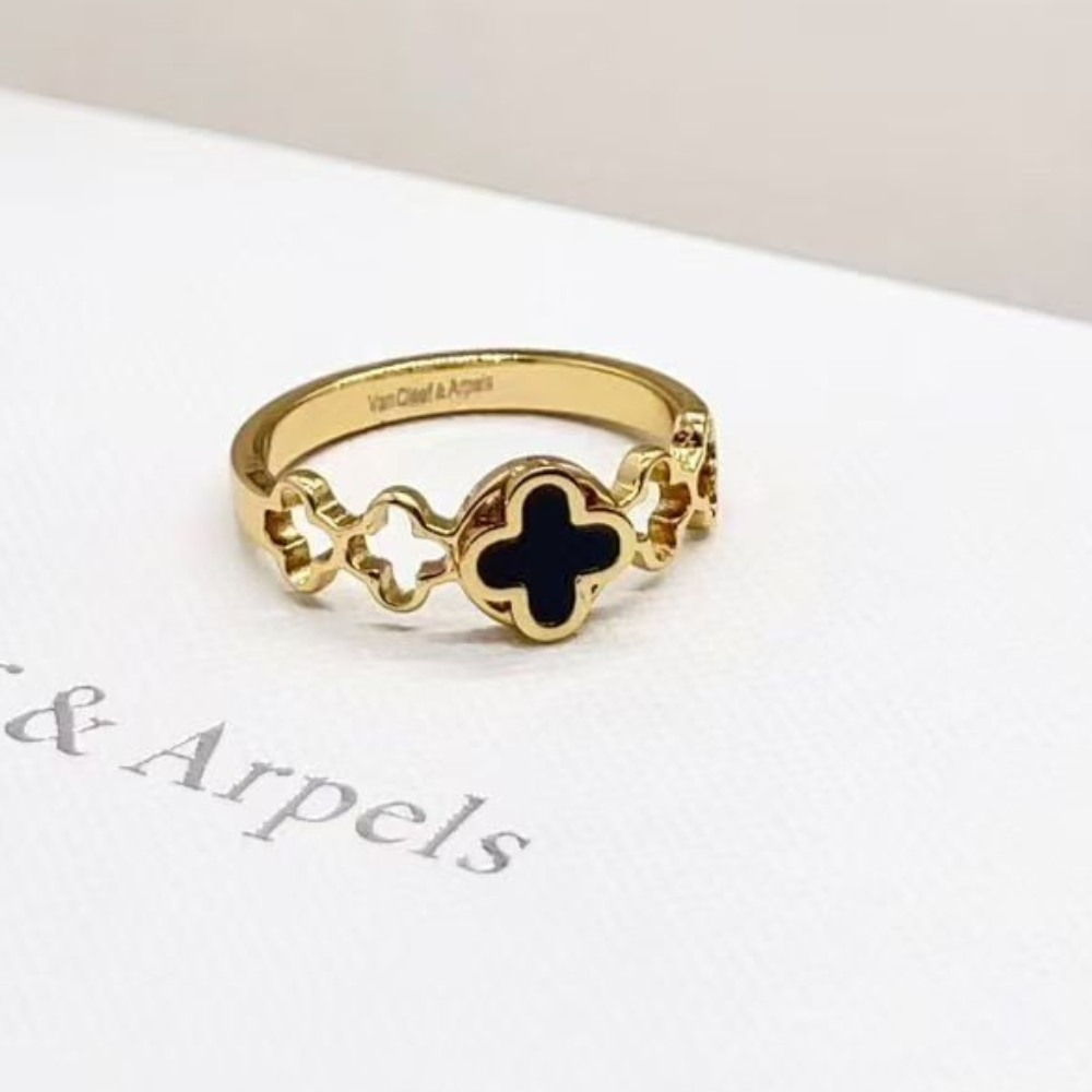 V&CA clover ring Stainless Steel with 18K Gold Plated black paint Hollow out design Love Friendship Ring  Promise Ring Wedding Gold Band Stacking Rings Jewelry Birthday Valentine's Day Gifts for Women Size 7-9