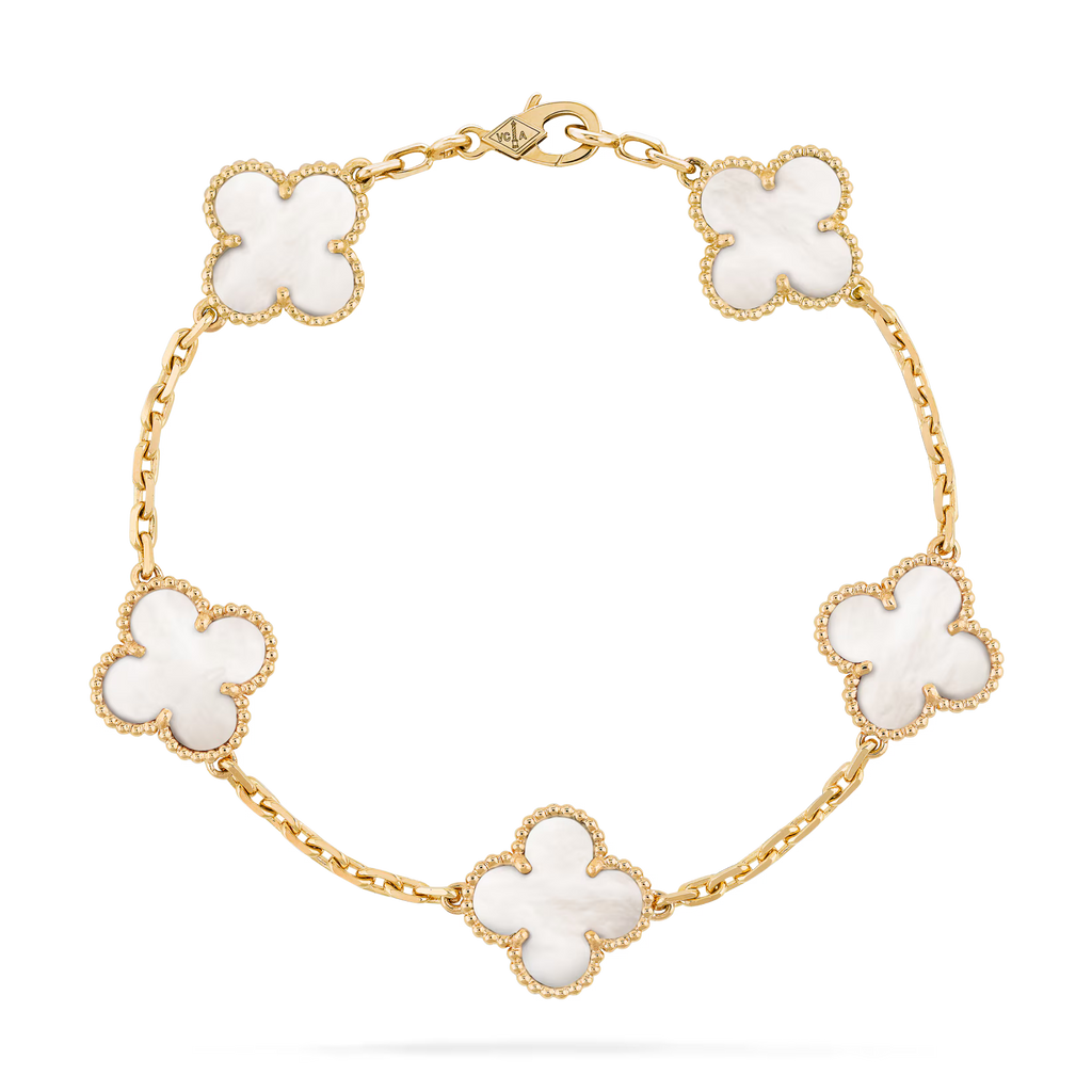 V&CA 18K yellow Gold Plated with stamp,white natural Mother-of-pearl Bracelet, Lucky Link Bracelets Double-Sided Adjustable Design Jewelry for Women Girls Christmas Valentine's Day