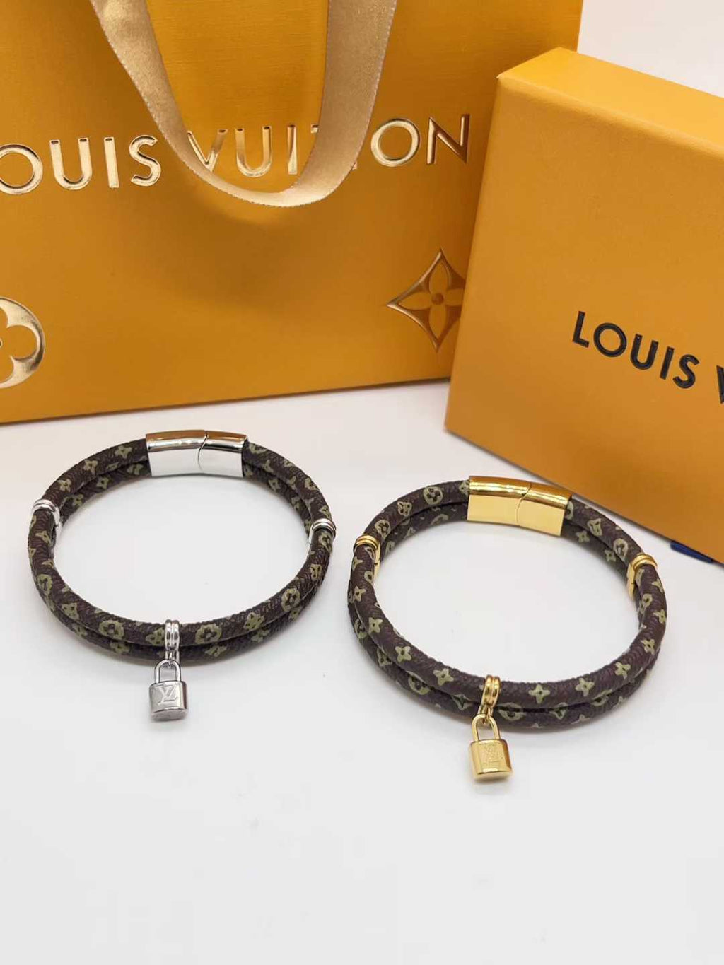 L&V Monogram leather bangle gold / silver hand strap with lock bracelet jewelry