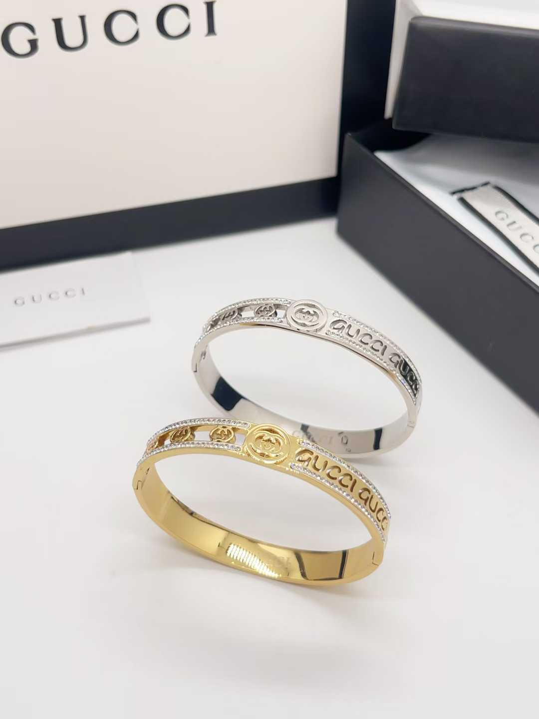 G&G hollow out bangle with stone Plain gold / Plain silver bracelet with stamp inside jewelry