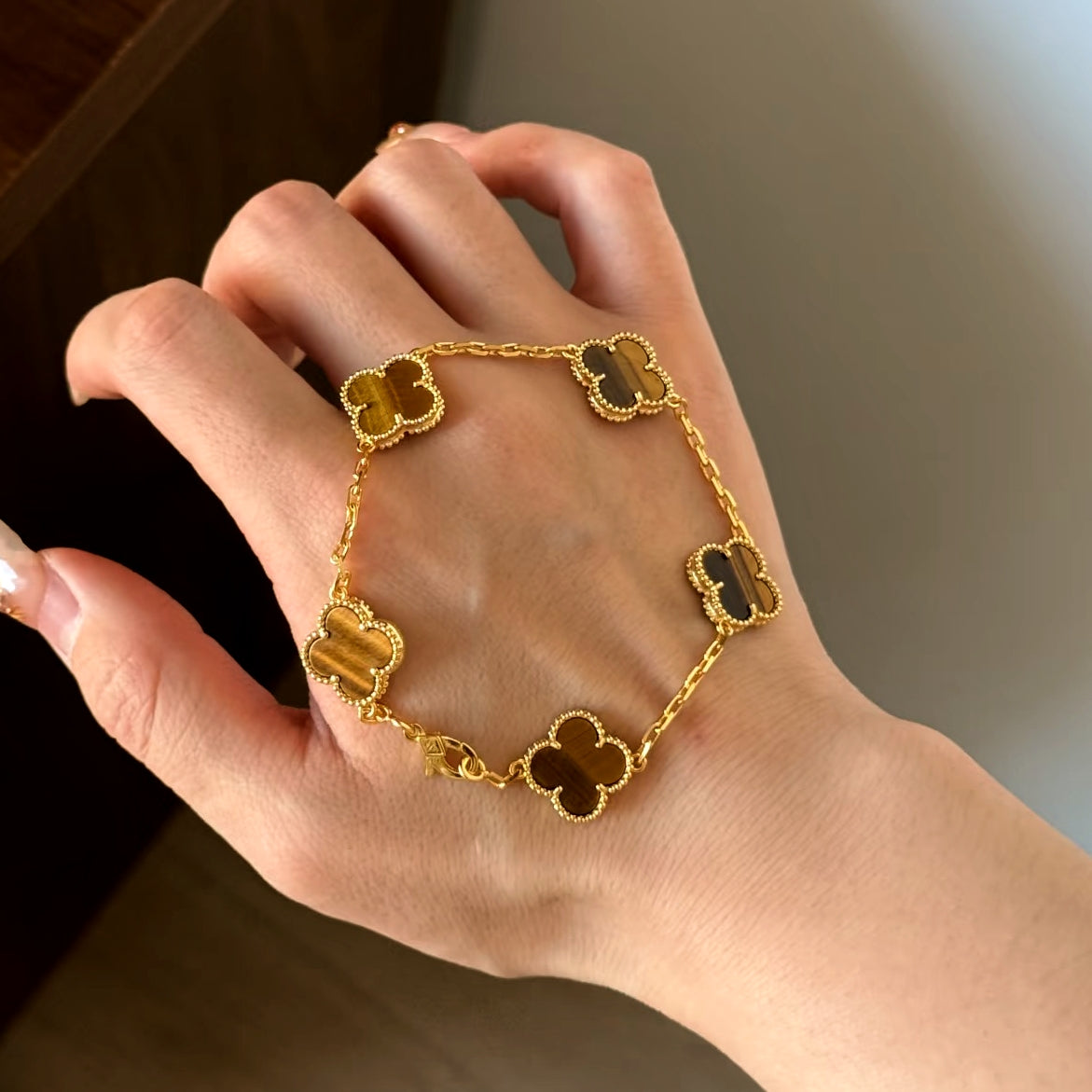 Tiger eyes bracelet 18K yellow gold plated with stamp, lucky link bracelets double-sided adjustable design jewelry