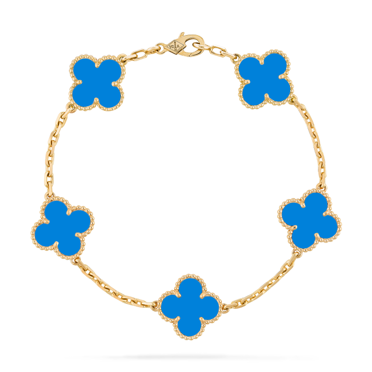 Blue color clover bracelet 18K yellow gold plated with stamp, lucky link bracelets double-sided adjustable design jewelry
