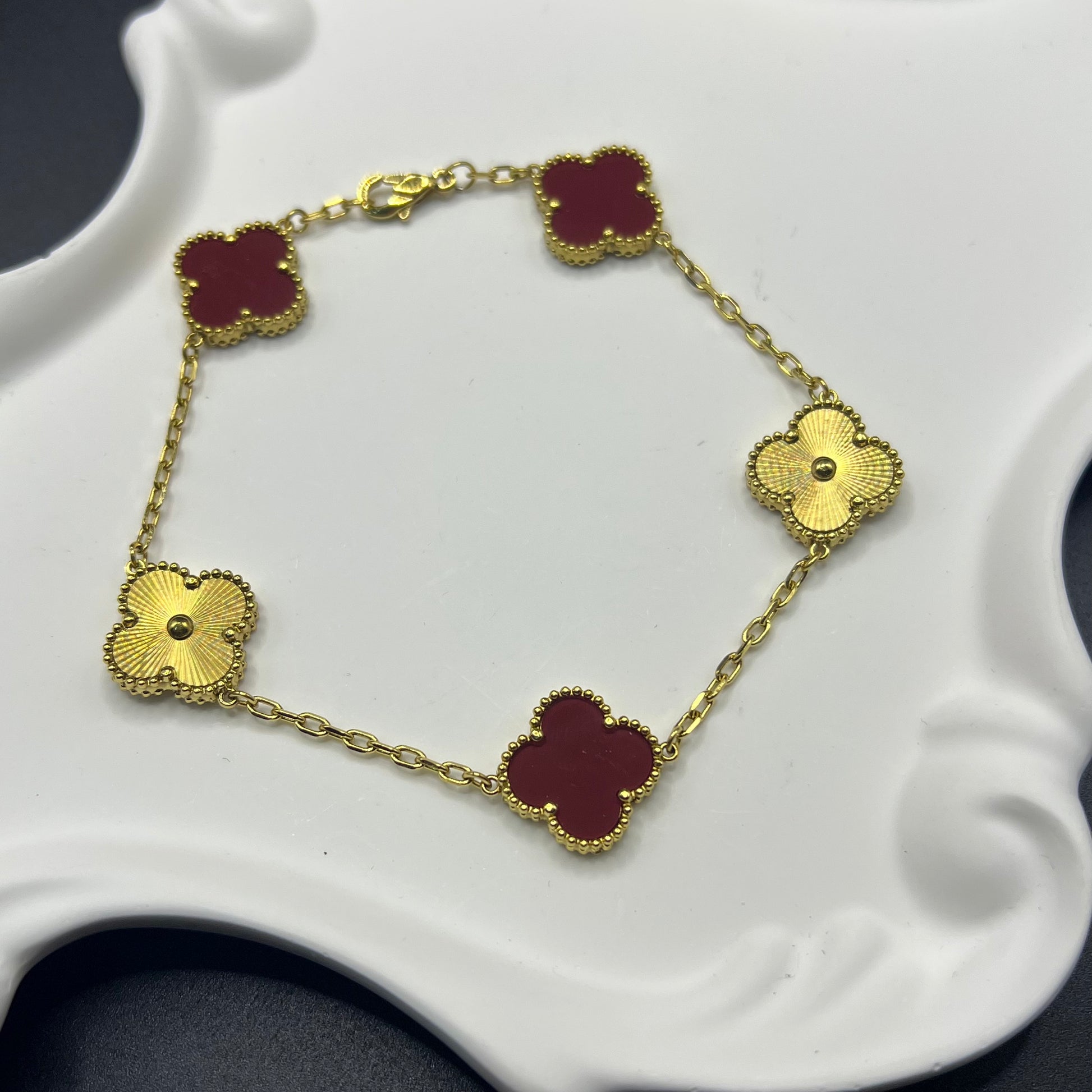 Clover laser bracelet with diamond burgundy color with stone jewelry with stamp