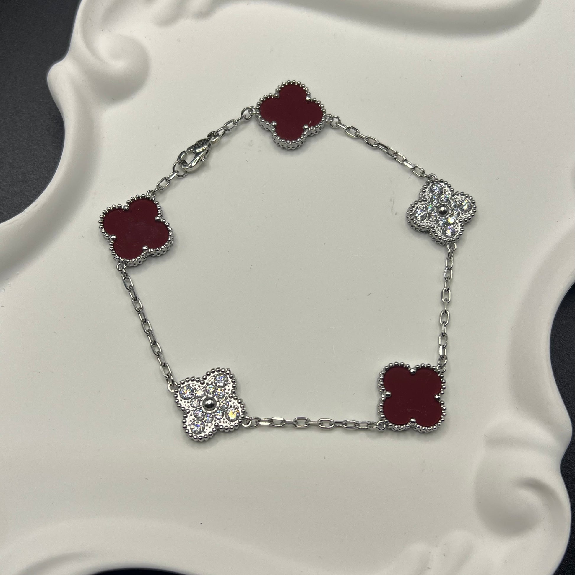 Clover laser bracelet with diamond burgundy color with stone jewelry with stamp