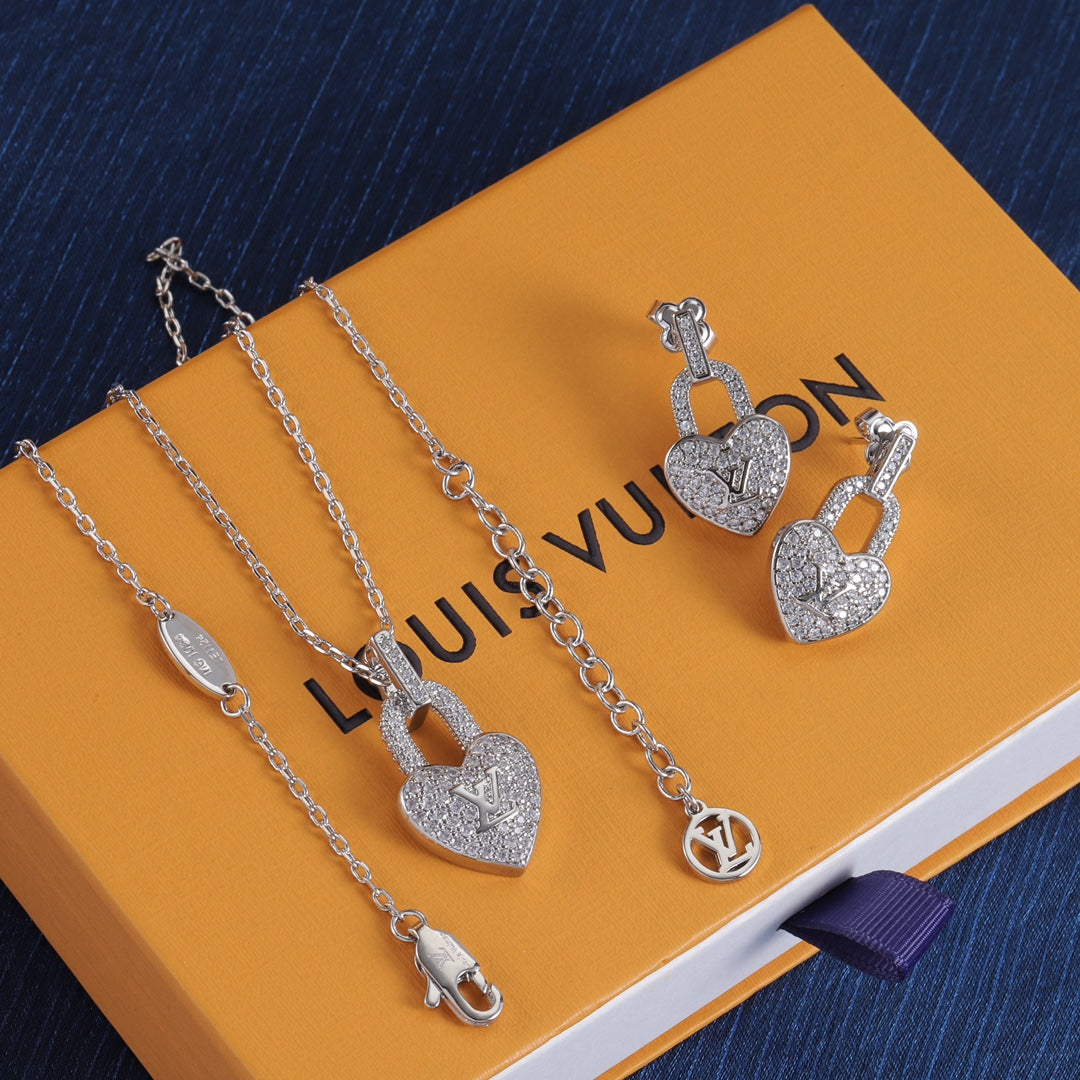Love lock jewelry set in silver with diamond necklace earrings set with stamp