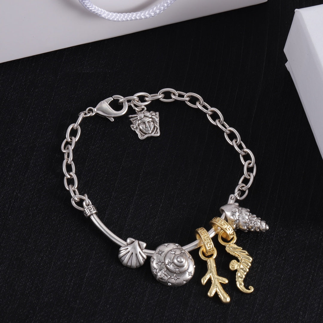 Dangle bracelet with sea shell with conch with seaweed in silver free size jewelry with stamp