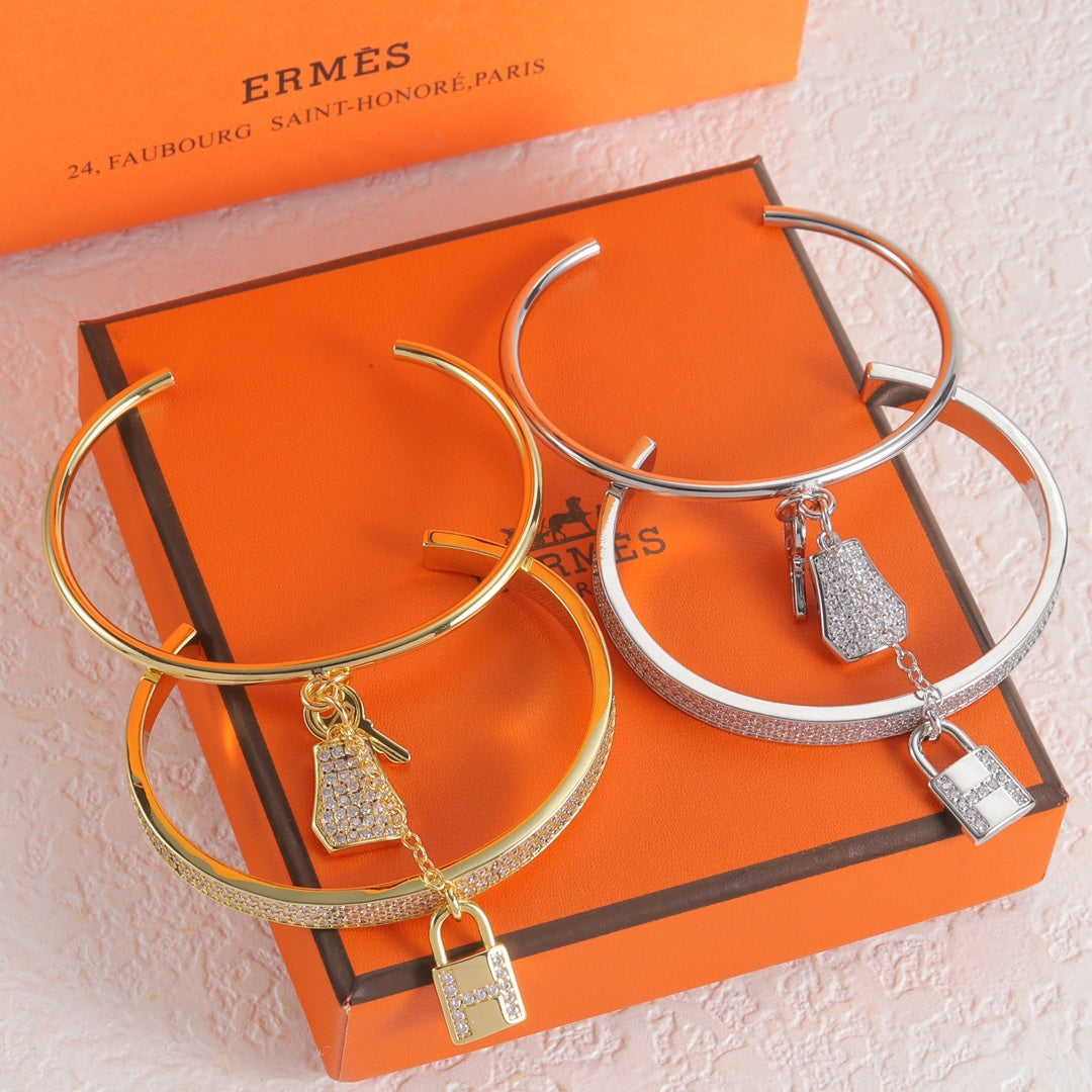 Bangle double layered design with diamond in gold / silver stacked style with lock with key free size jewelry with stamp