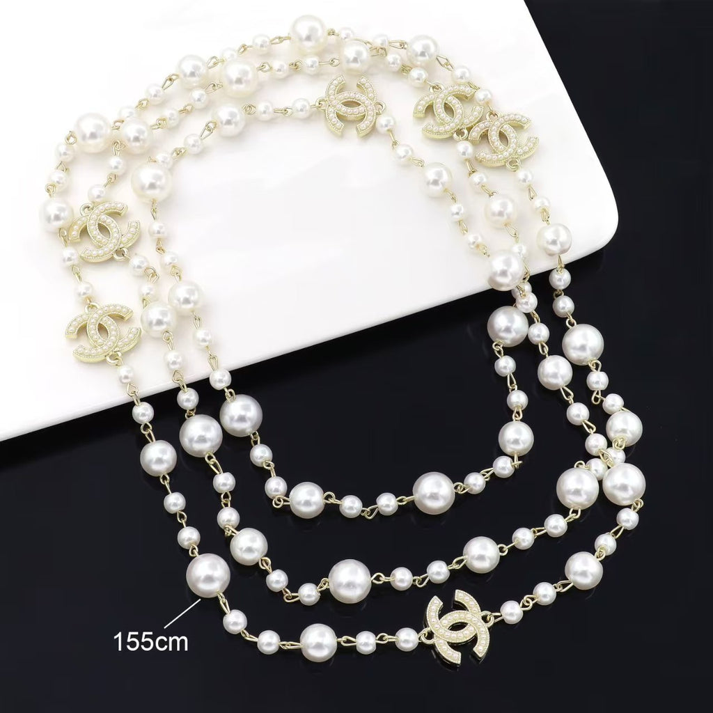 Pearls necklace multi layered design in gold / silver stacked style long necklace jewelry