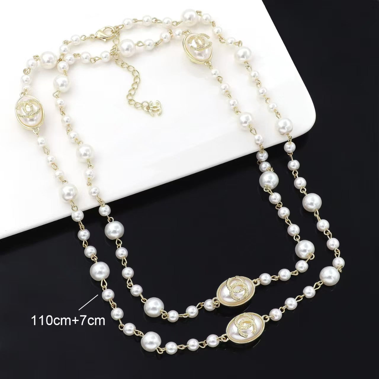 Pearls necklace with diamond double layered design in gold stacked style with stone jewelry