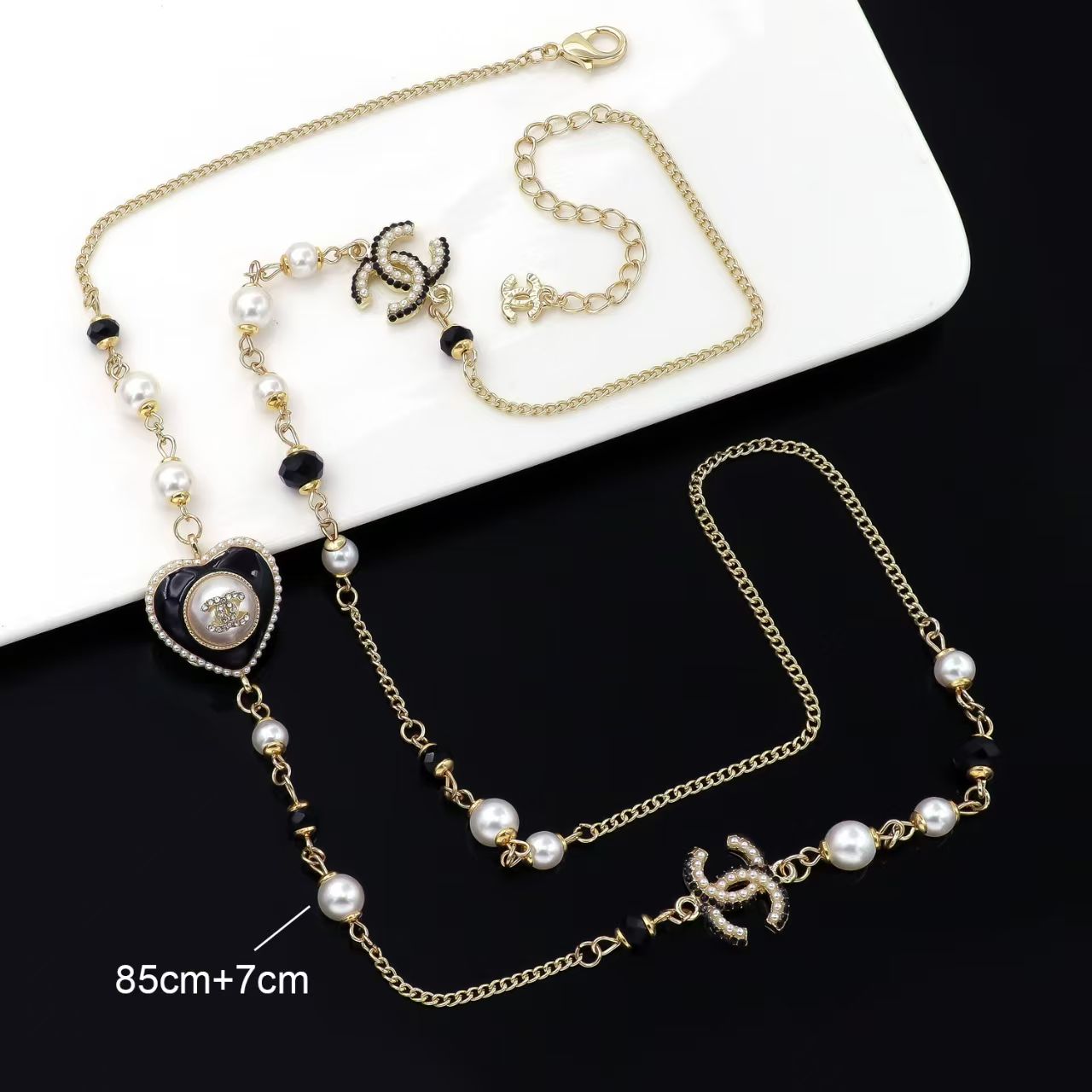 Long necklace in gold / silver with black heart with diamond with pearl with bead jewelry
