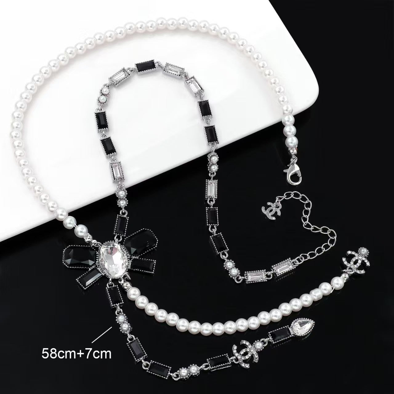 Long necklace in silver with diamond with pearl dangle necklace jewelry