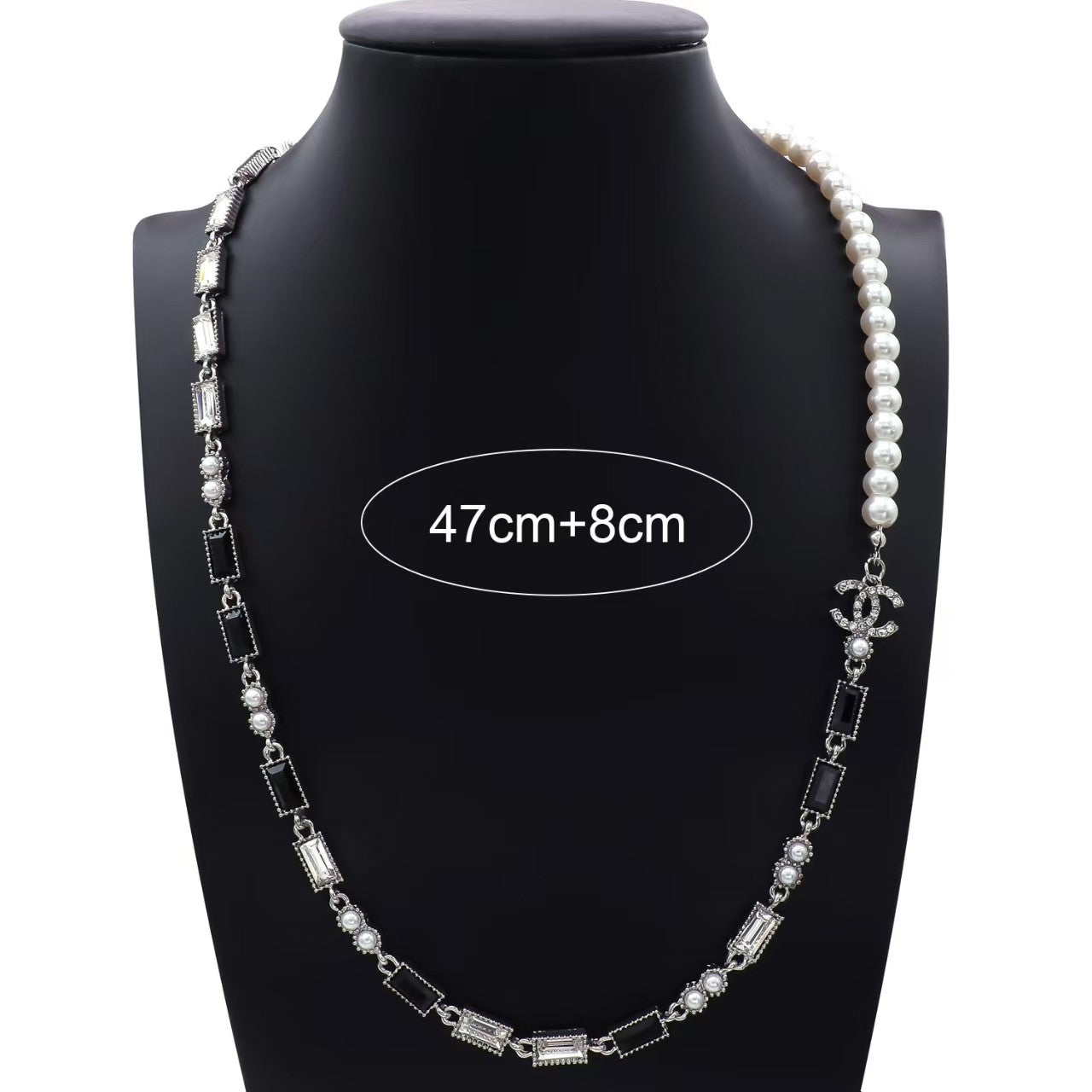 Long necklace in silver with diamond with pearl waterproof jewelry