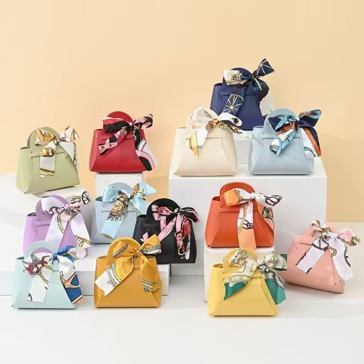 Creative small leather bag dopamine color souvenir simple ribbon folding small bag light luxury candy bag creative niche gift packaging bag