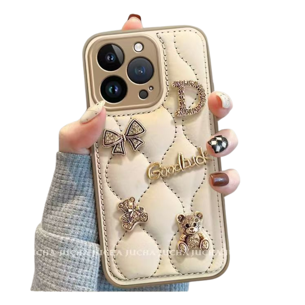 Metal Bear Apple 16 Phone Case Artistic Sense, suitable for iPhone 16/15/14  CREAM New Model Hanging Chain