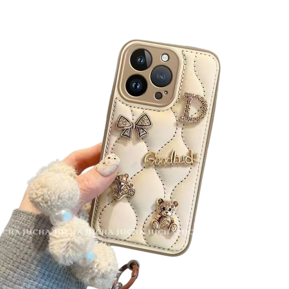 Metal Bear Apple 16 Phone Case Artistic Sense, suitable for iPhone 16/15/14  CREAM New Model Hanging Chain