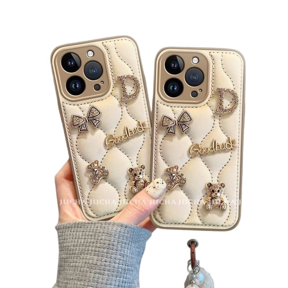 Metal Bear Apple 16 Phone Case Artistic Sense, suitable for iPhone 16/15/14  CREAM New Model Hanging Chain