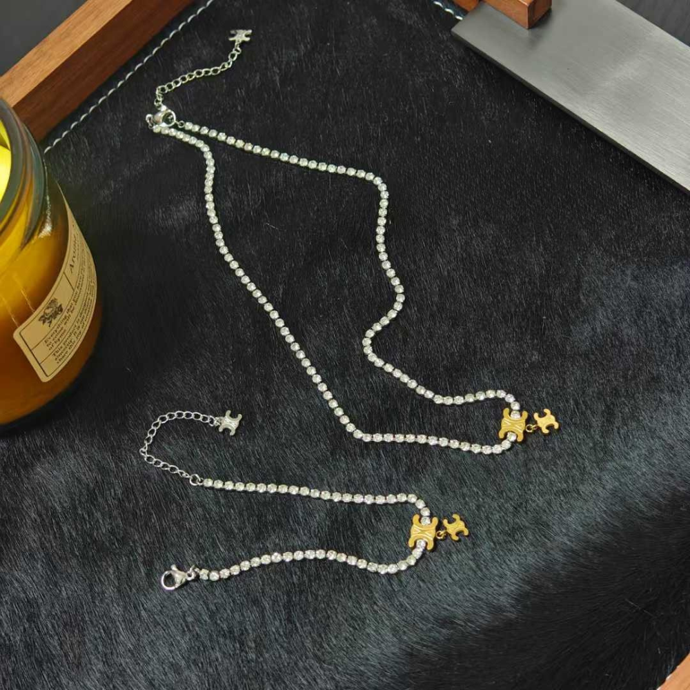C&eline set with diamond necklace & bracelet in silver with stone never fade jewelry