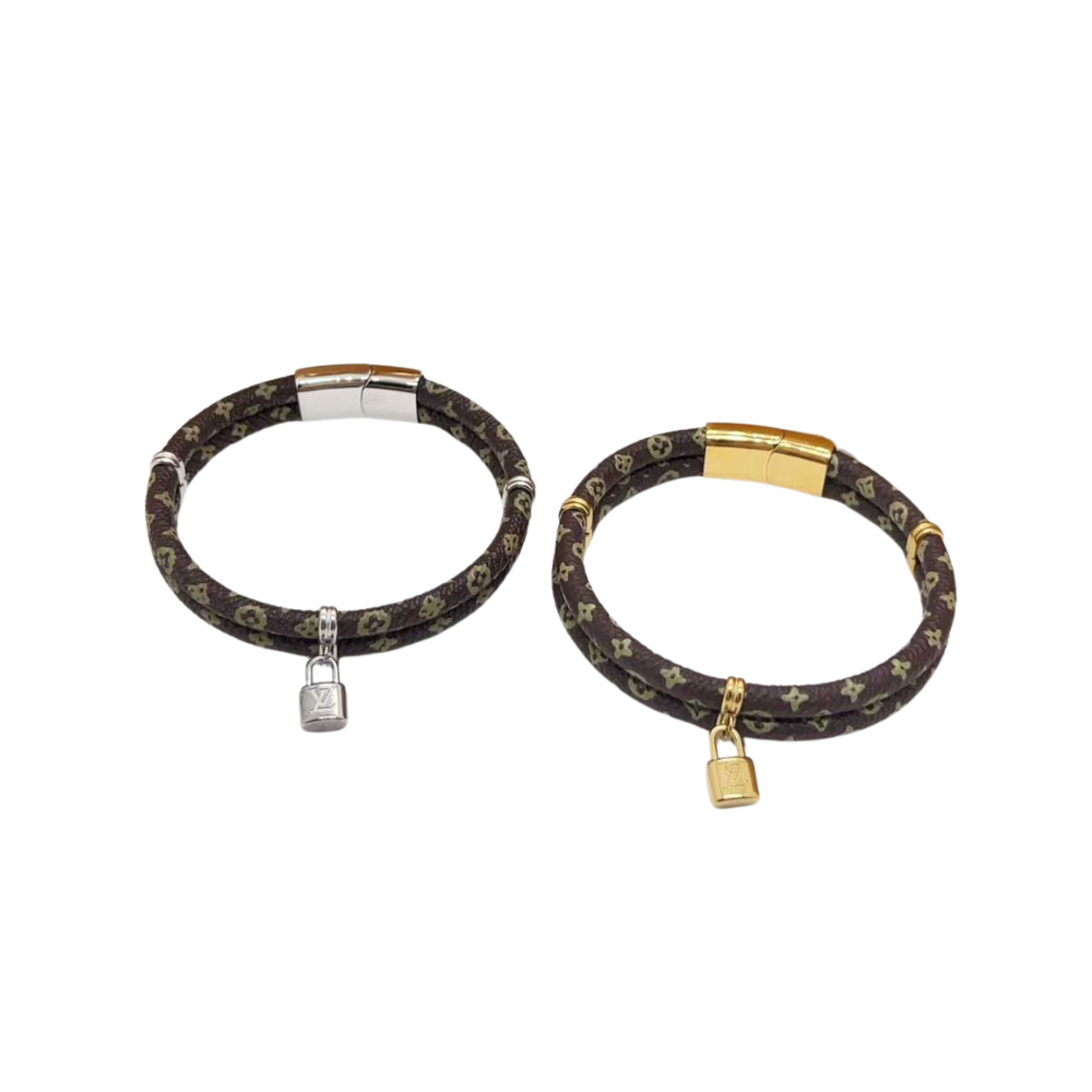 L&V Monogram leather bangle gold / silver hand strap with lock bracelet jewelry