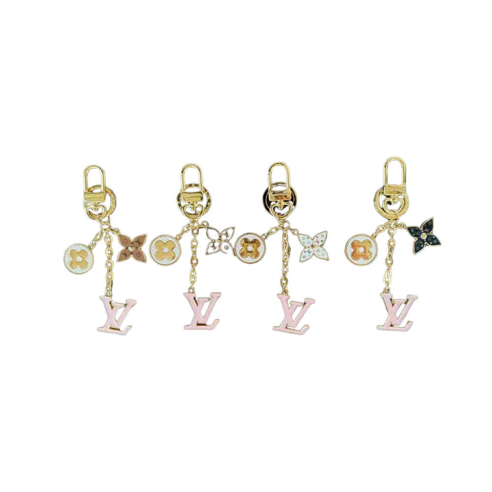 Keychain multi color with pink letter in gold bag chain, car key, house key, earphone case decoration with stamp