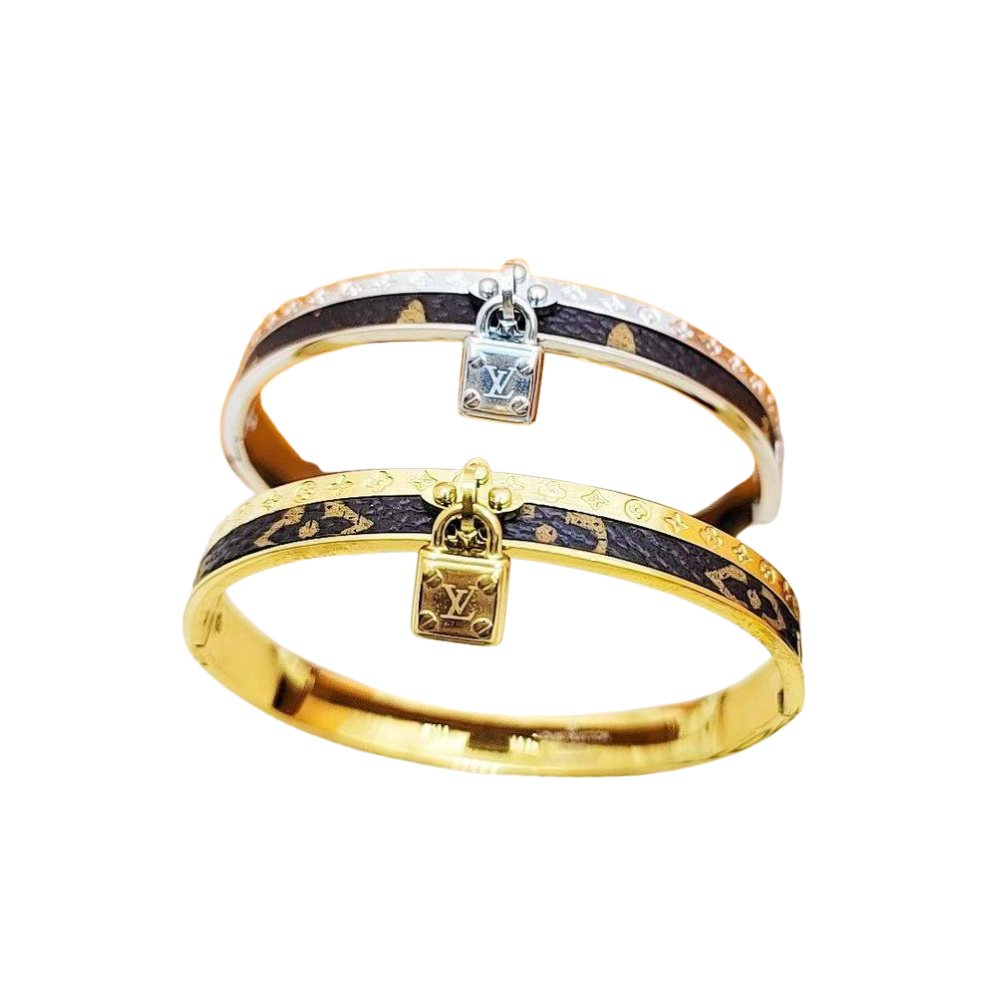 L&V leather dangle bracelet with lock gold / silver never fade HQ with stamp jewelry
