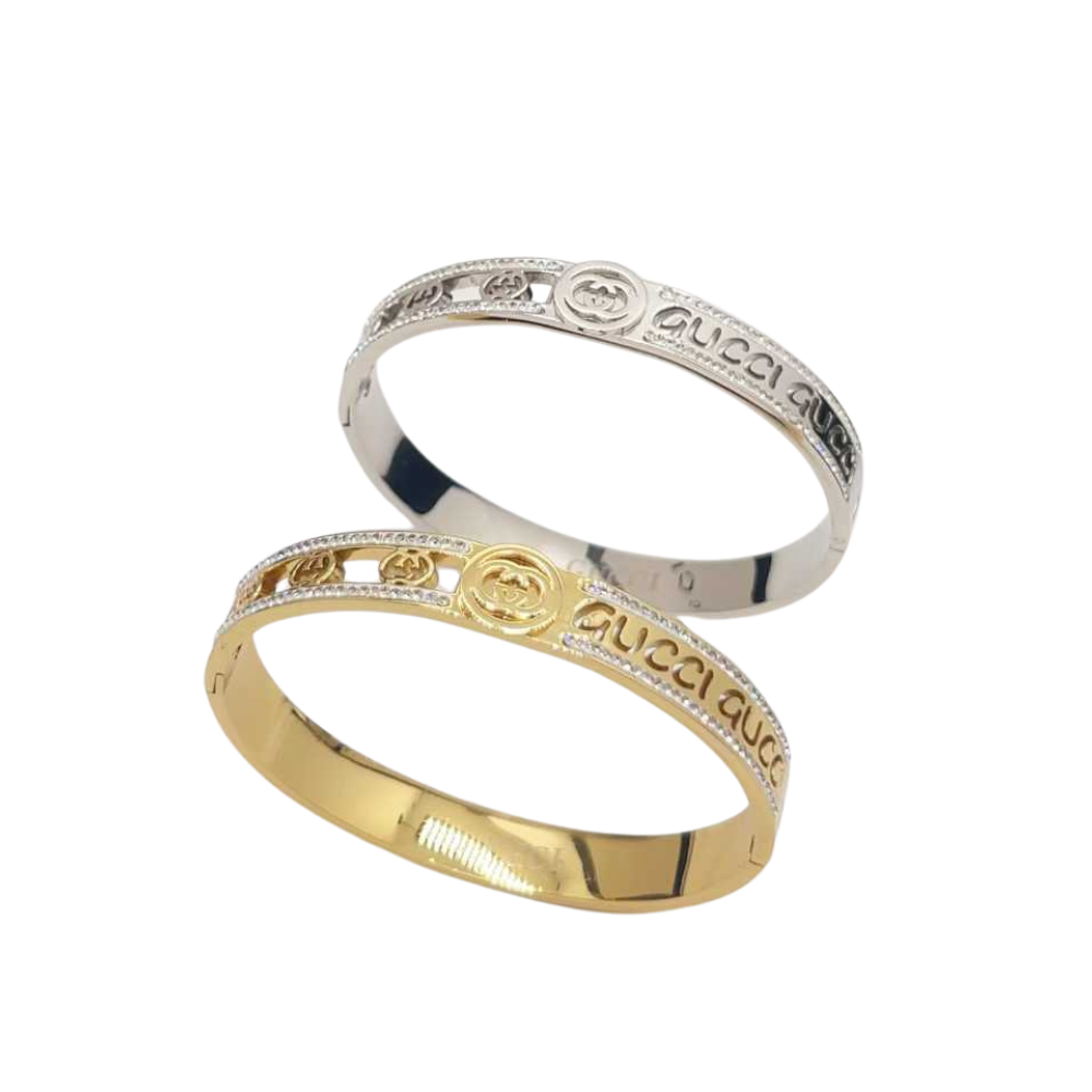 G&G hollow out bangle with stone Plain gold / Plain silver bracelet with stamp inside jewelry