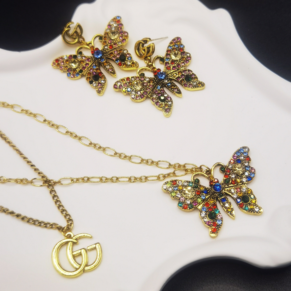 G&G set with colorful diamond necklace & earrings in gold with stone waterproof jewelry