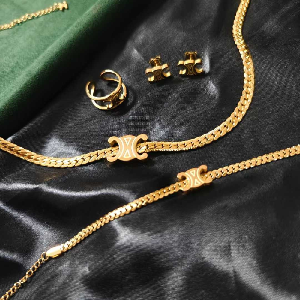 C&eline set in gold necklace & bracelet & earring & ring 4-piece never fade jewelry